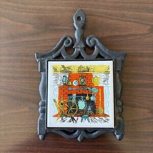 Vintage Cast Iron Trivet with Ceramic Tile